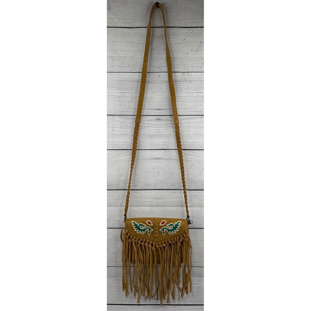 Wrangler Fringe Crossbody Bag Tan Suede Embossed Western Boho